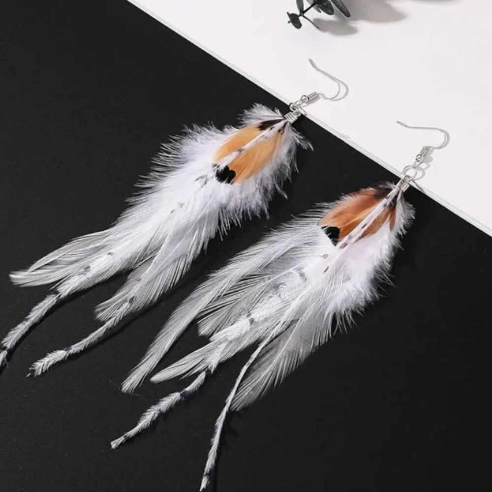 White Boho Feather Earrings – Long Bohemian Statement Jewelry